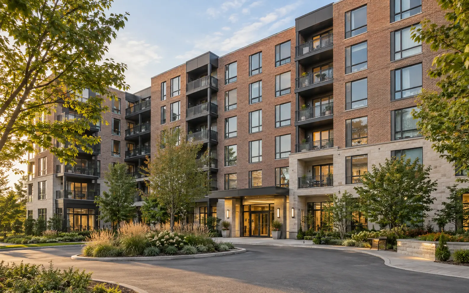 Maple Court's brick and limestone residential entrance in late-afternoon light.