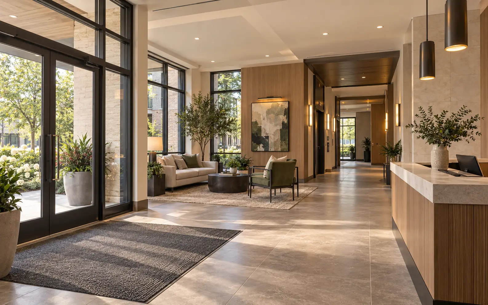 The Maple Court lobby with a reception desk, resident seating, and garden-facing entry.