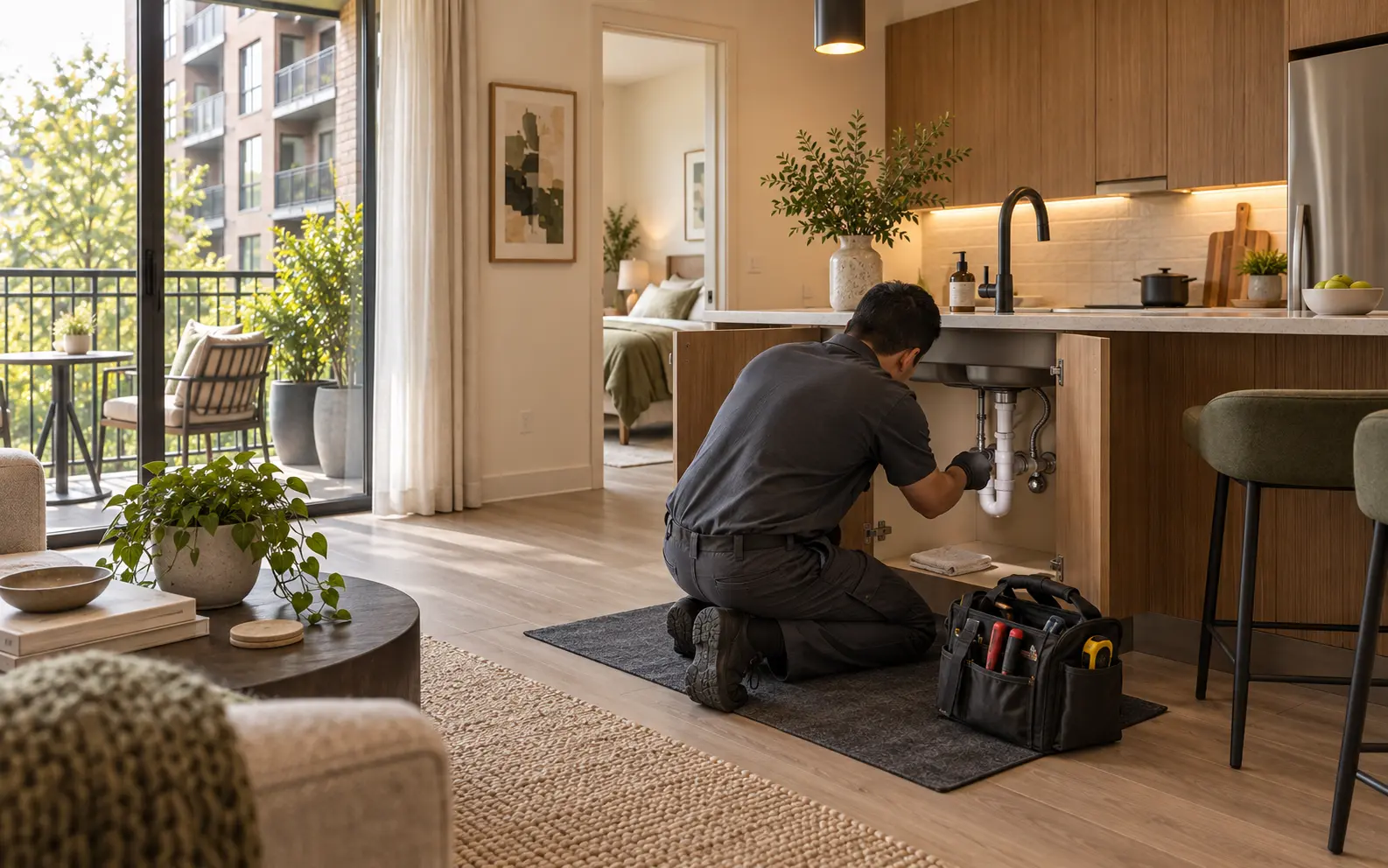A maintenance technician inspecting the plumbing beneath a Maple Court kitchen sink.