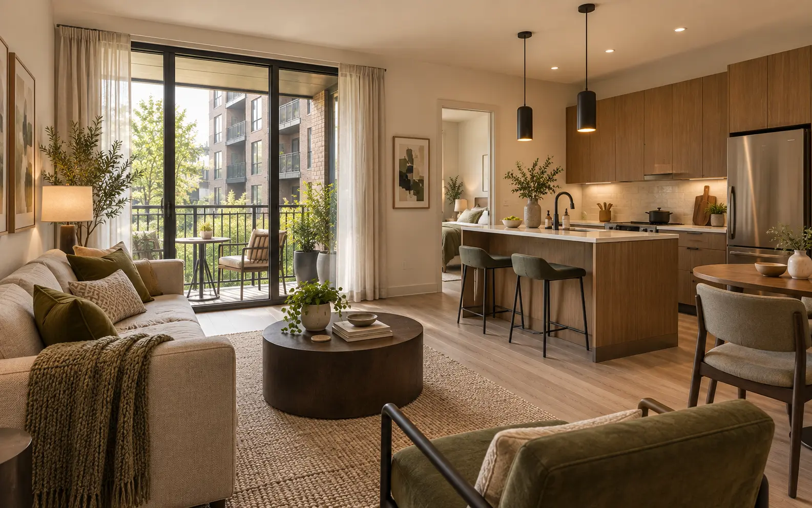 A Maple Court apartment with an open kitchen, living room, and balcony.